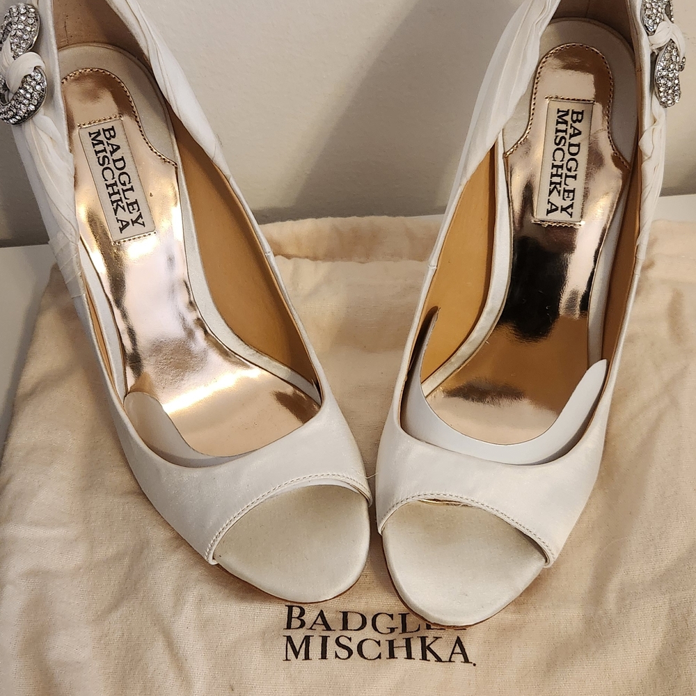 Badgley Mischka White Peep-Toe Heels with Embellishments